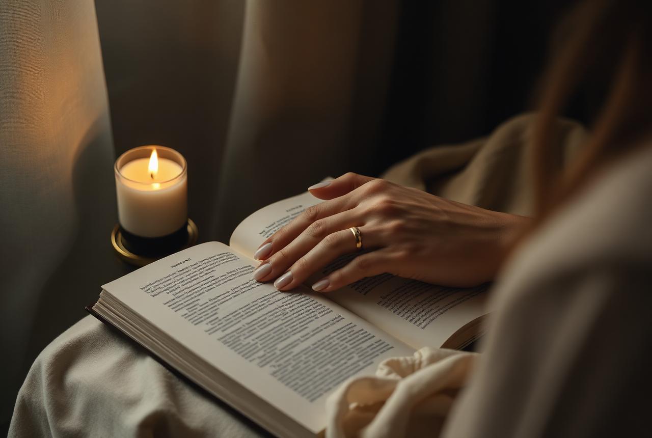 Hands resting on an open journal beside candlelight