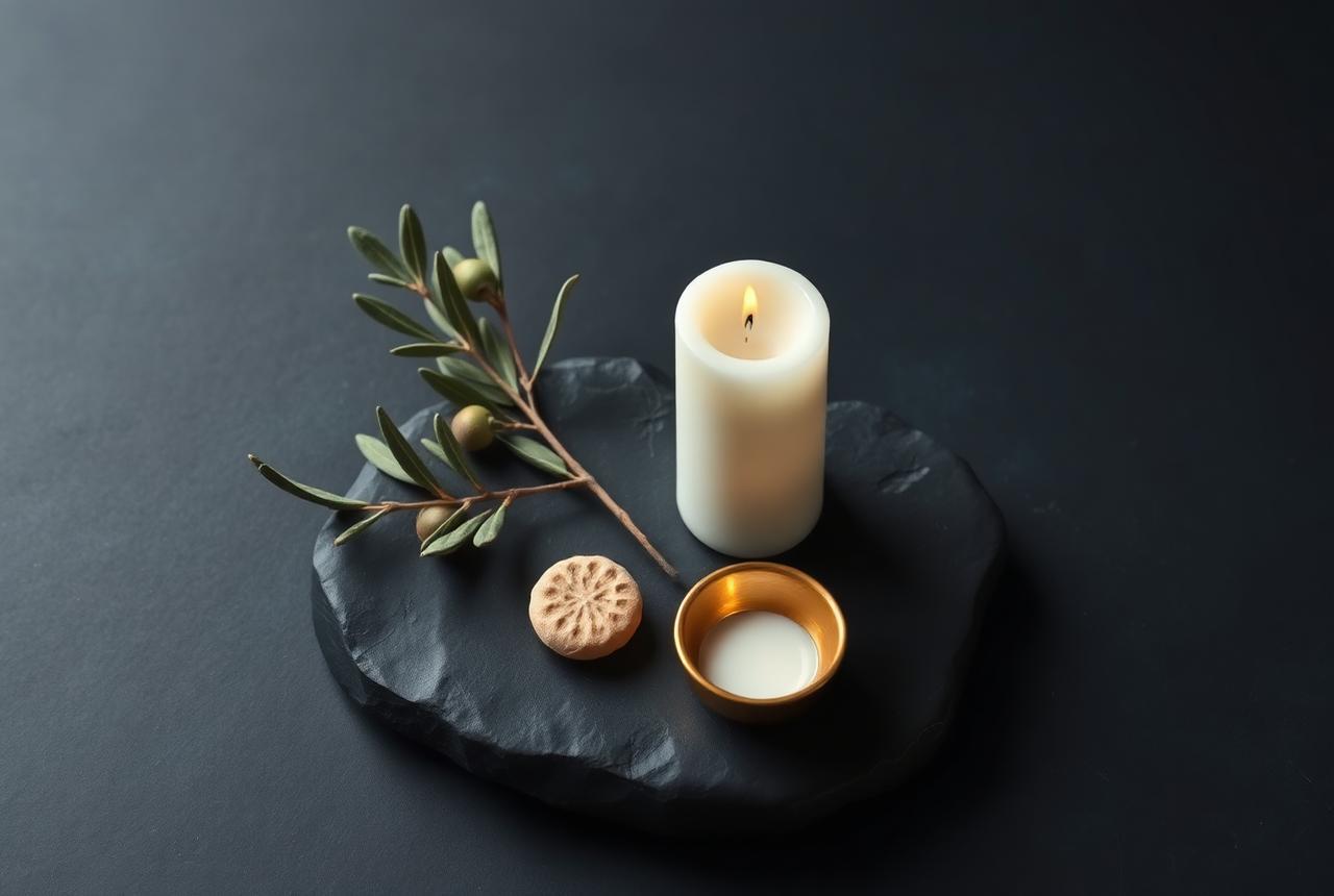 Candle and olive branch on dark stone